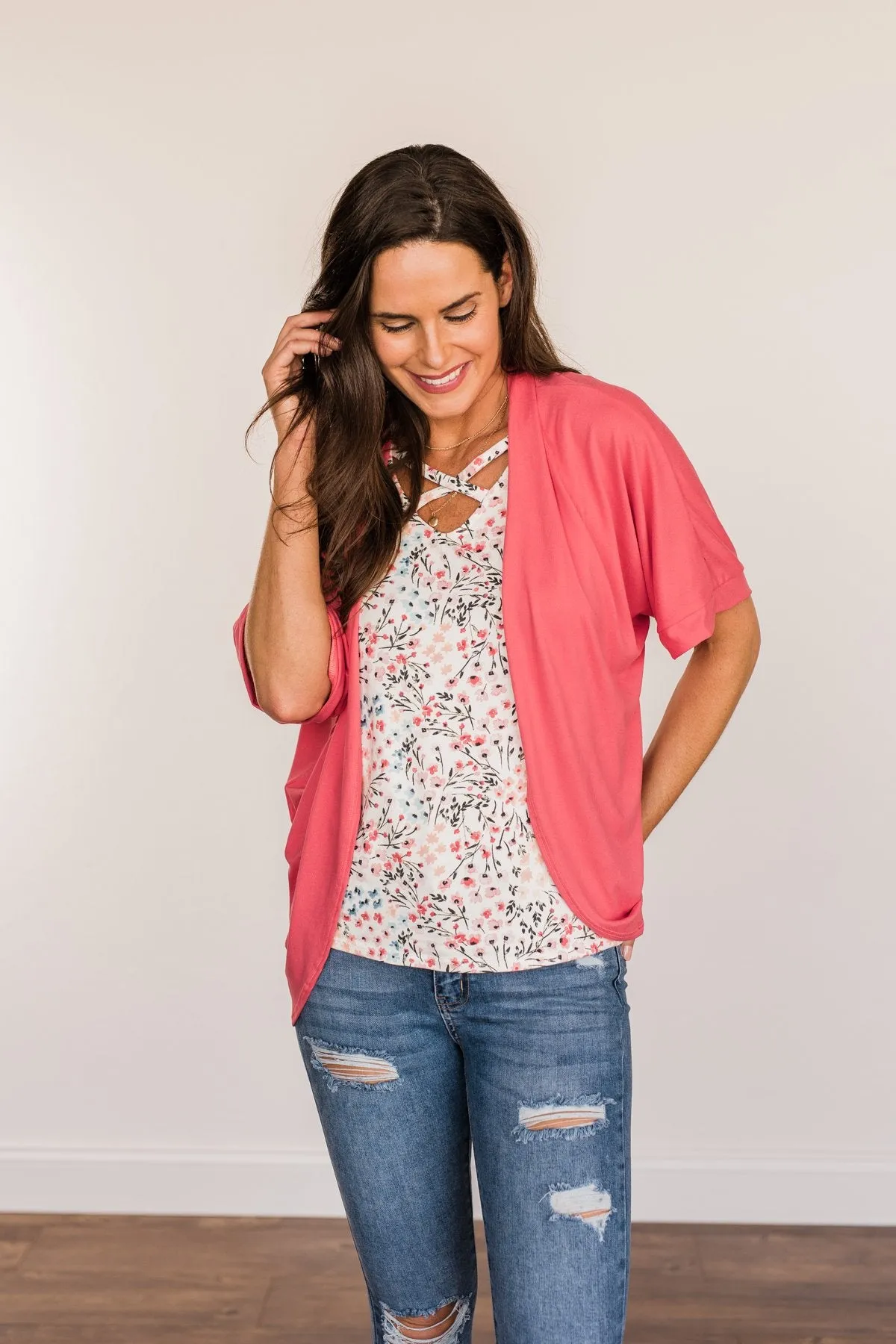 Tender Moments Short Sleeve Kimono- Deep Coral