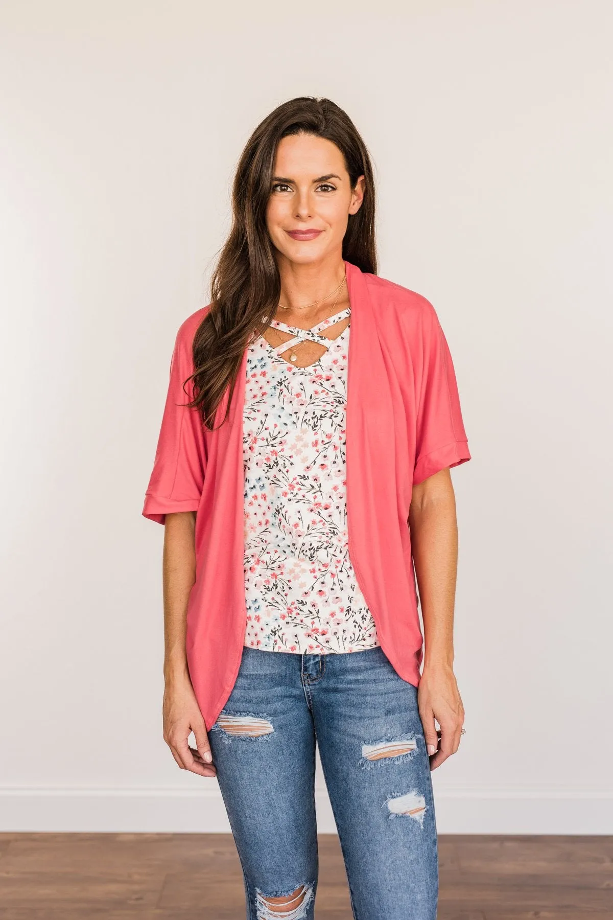 Tender Moments Short Sleeve Kimono- Deep Coral