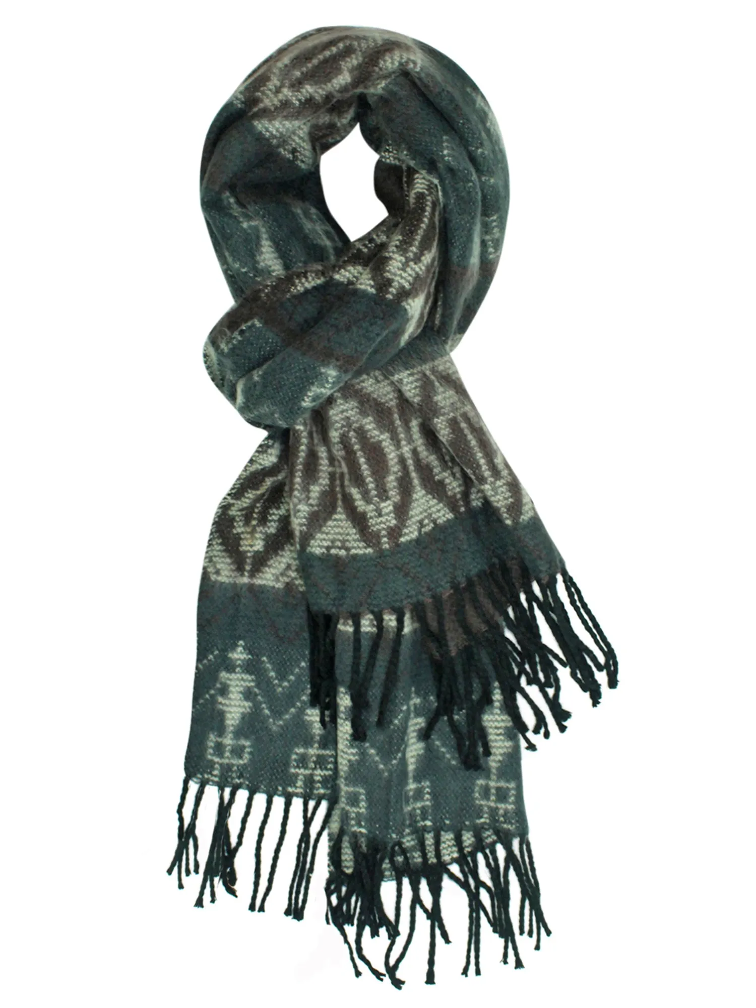 Tribal Print Cashmere Feel Unisex Scarf With Fringe