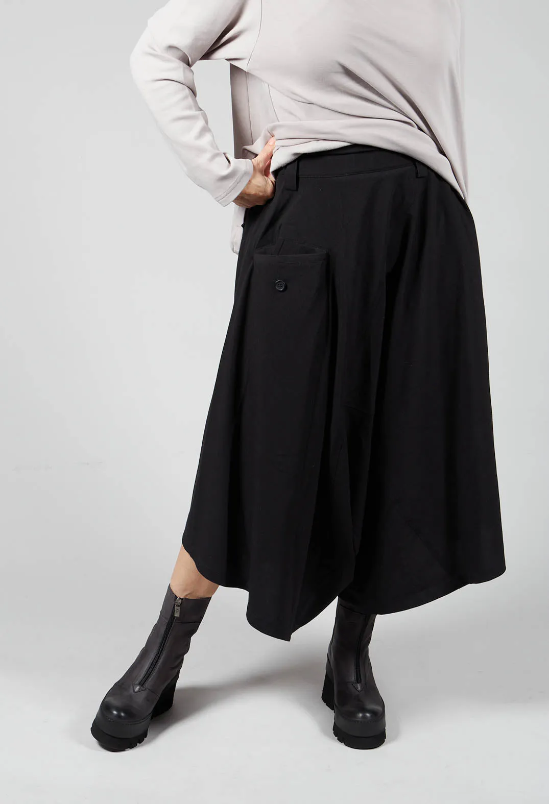 Wide Leg Drop Crotch Trousers in Black