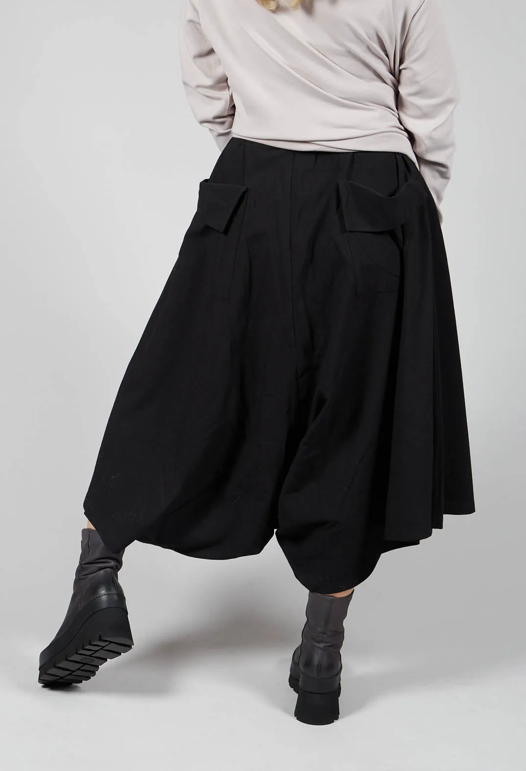 Wide Leg Drop Crotch Trousers in Black