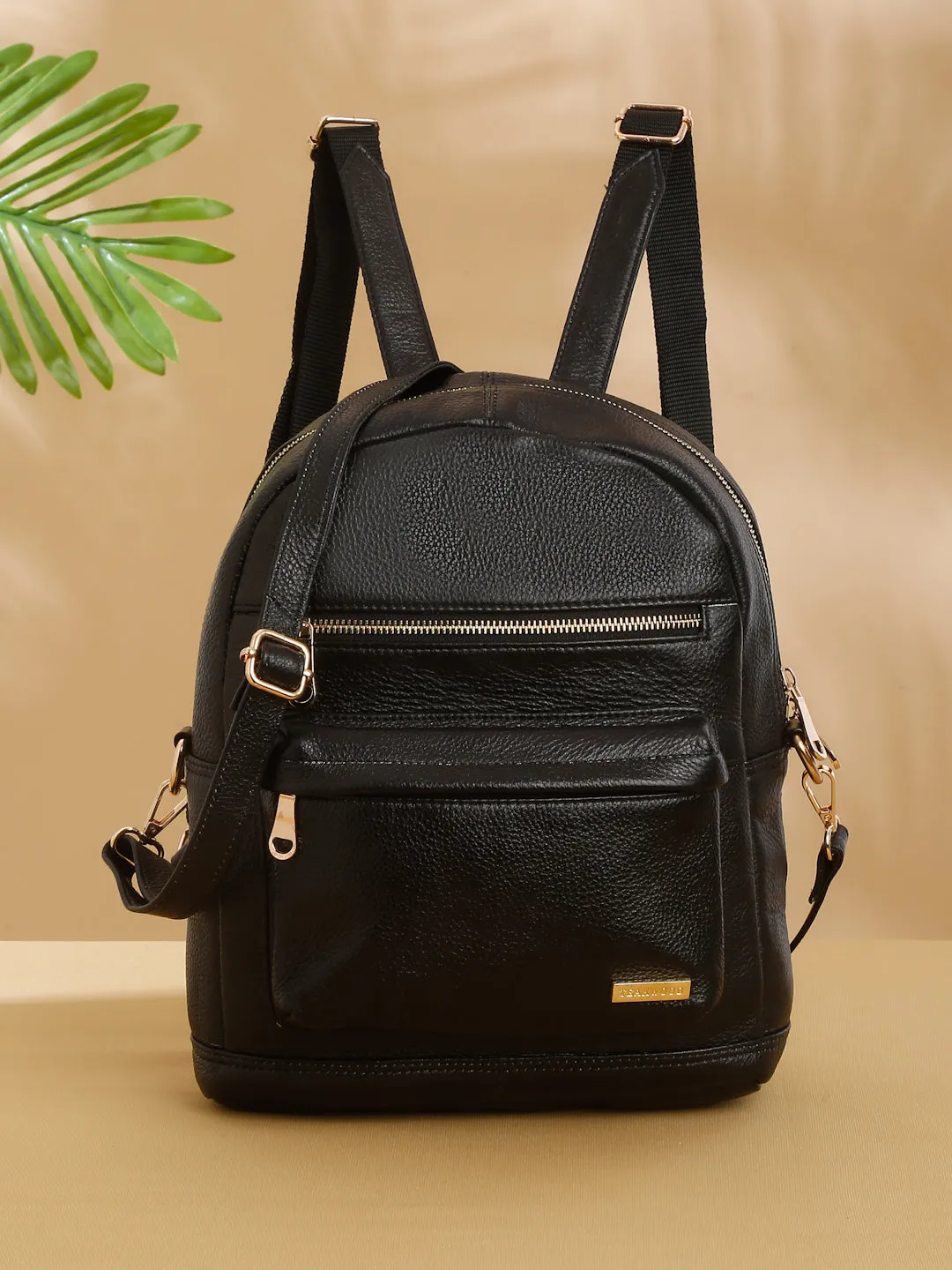 Women Black Texture Leather Backpack