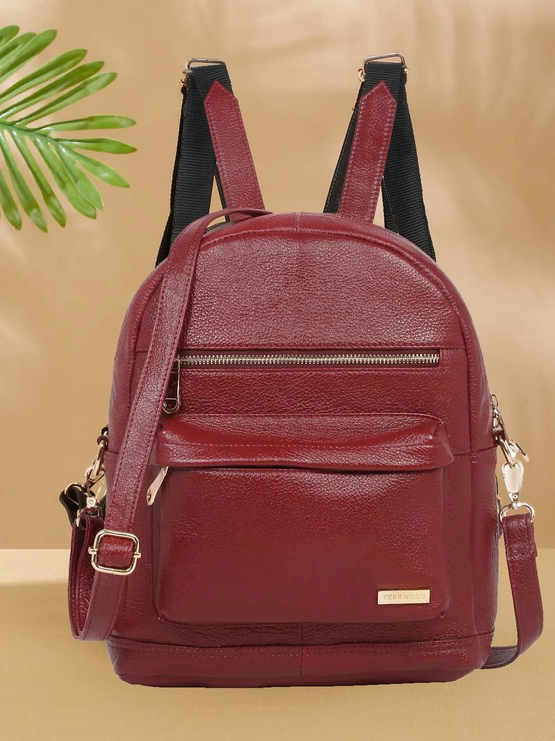 Women Red Texture Leather Backpack