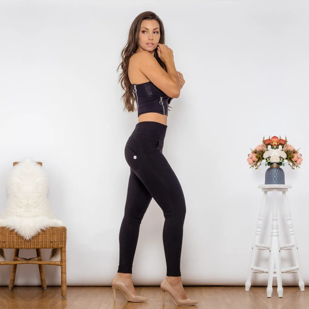 Women's Black Cotton Zipper Push-Up Top High Waist Pants Shapers 2pc Set