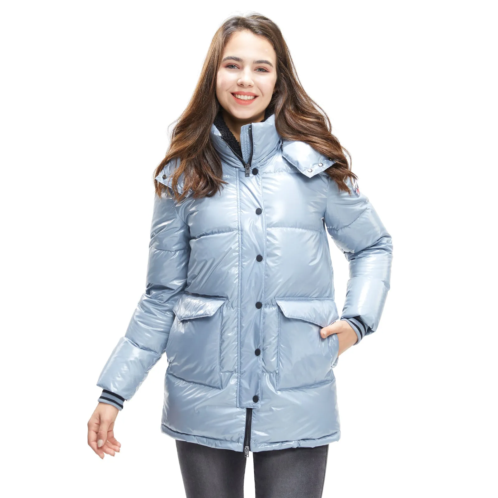 Womens Goose Down Jacket Glossy Parka Hooded Winter Windbreaker