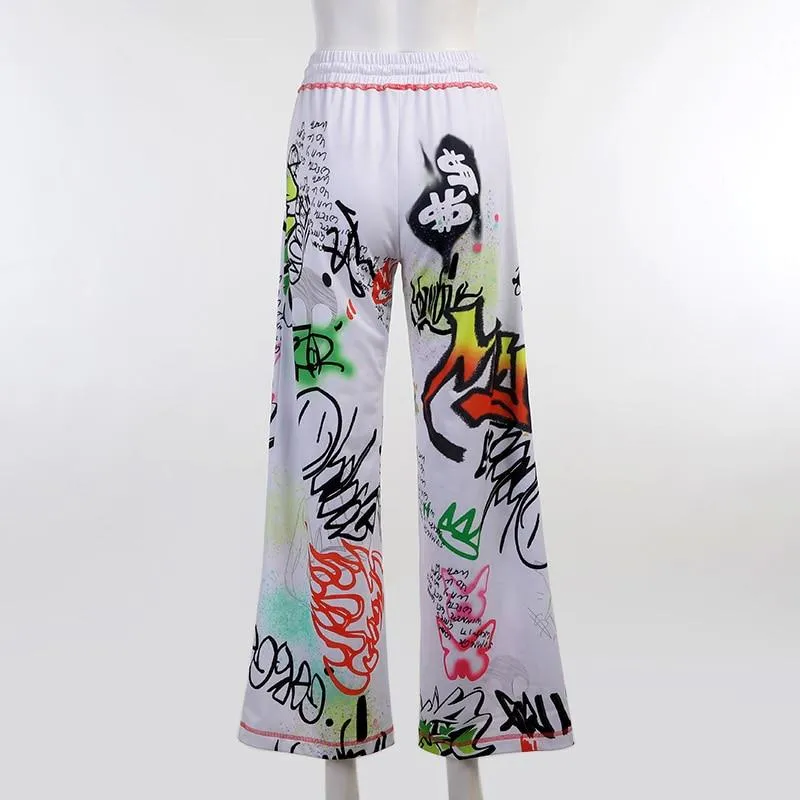 Women's Summer Leisure Style Loose Cotton Wide-leg Painting Printed Trousers