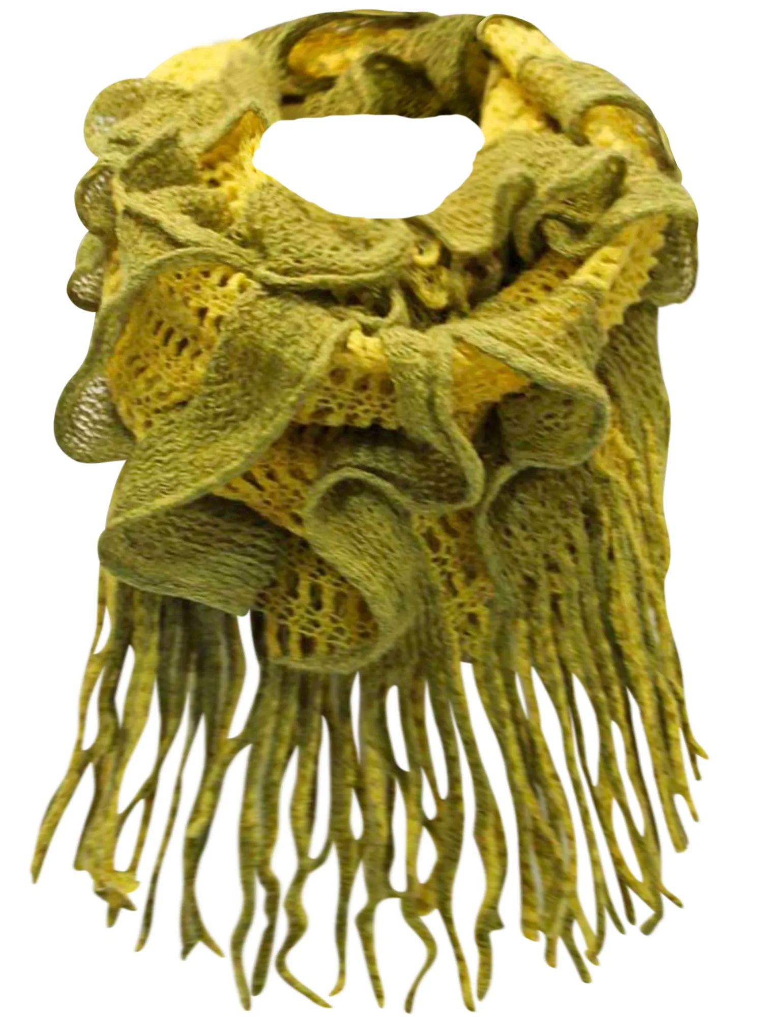 Yellow & Olive Two-Tone Long Fringed Infinity Scarf