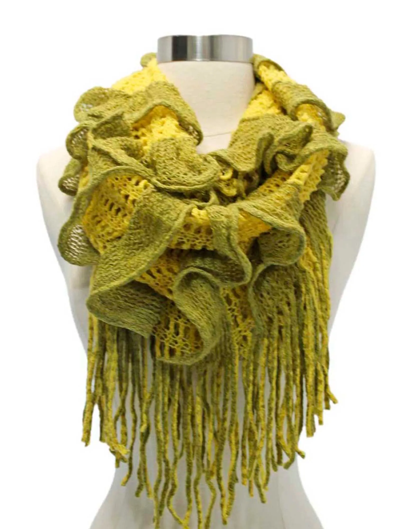 Yellow & Olive Two-Tone Long Fringed Infinity Scarf