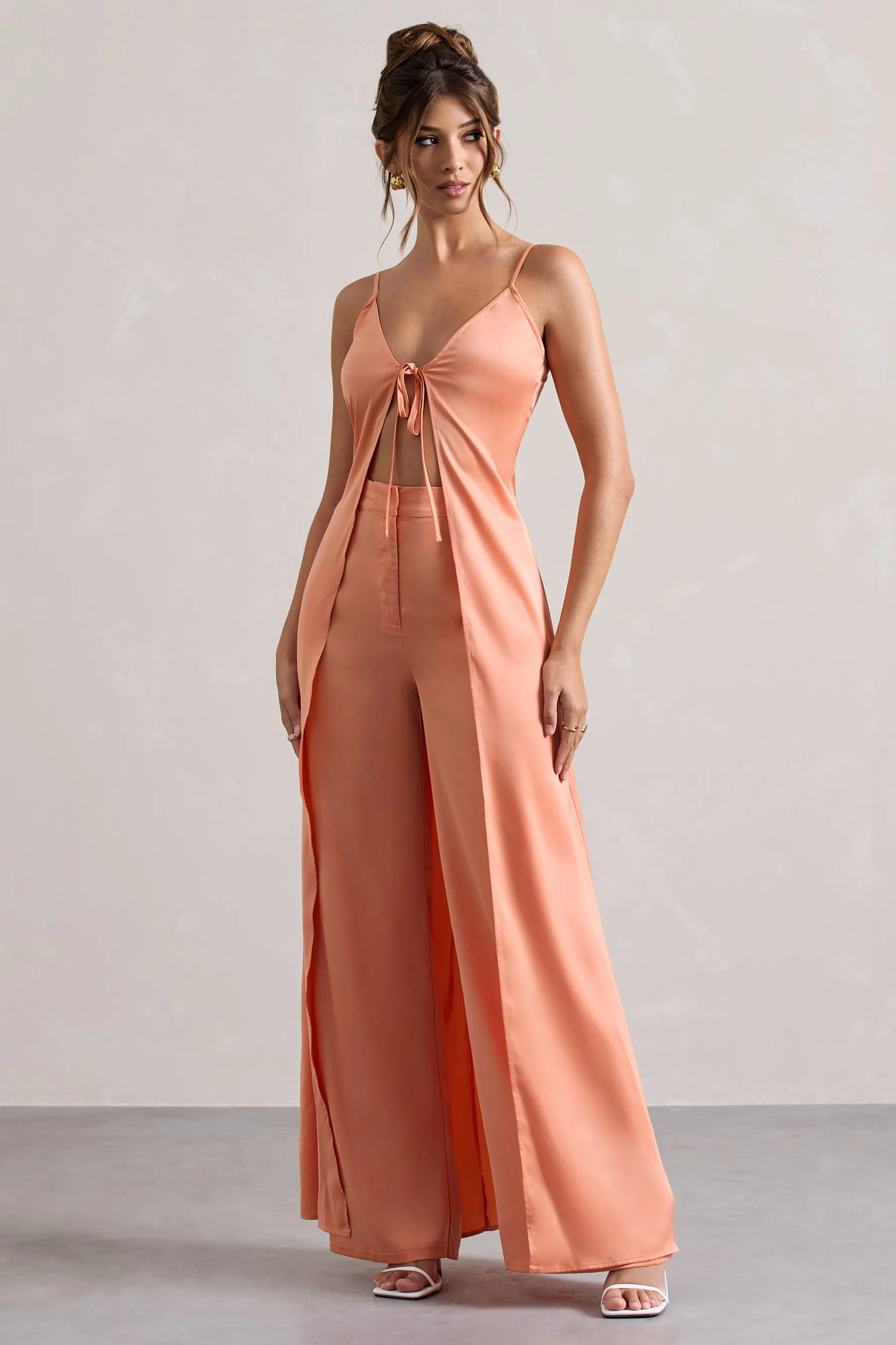 Your Way | Peach Satin Wide-Leg Trousers