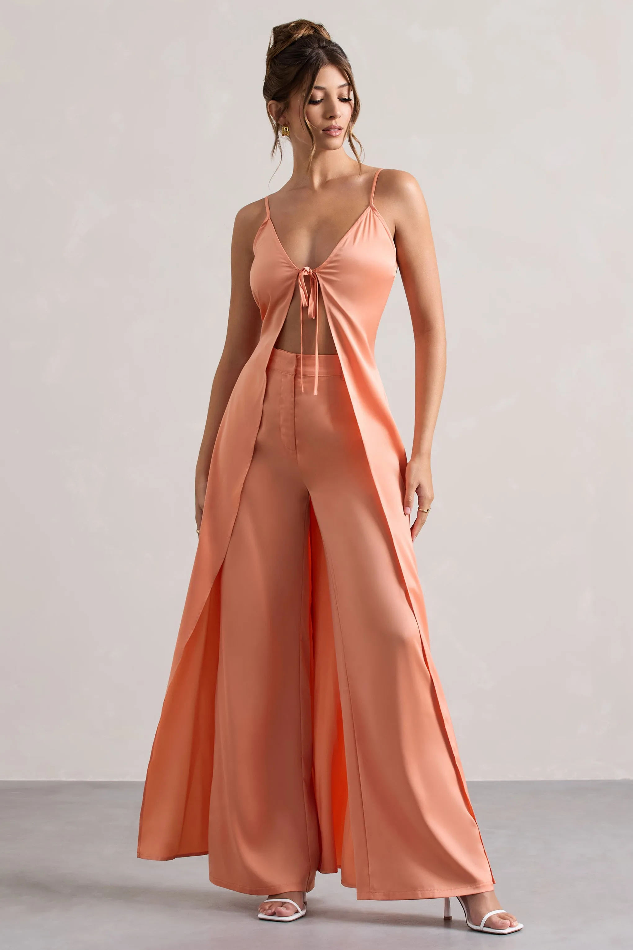 Your Way | Peach Satin Wide-Leg Trousers